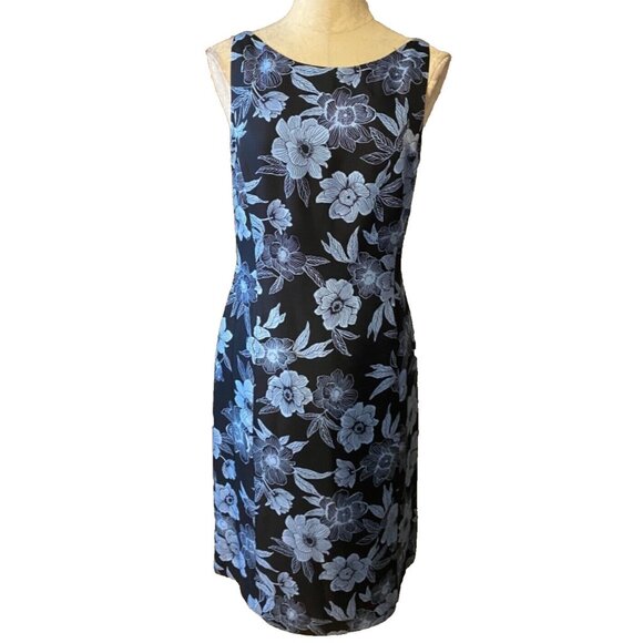 Ann Taylor Dress 8 Navy Blue Floral Silk Below Knee Sheath Sleeveless Classic - Picture 1 of 4